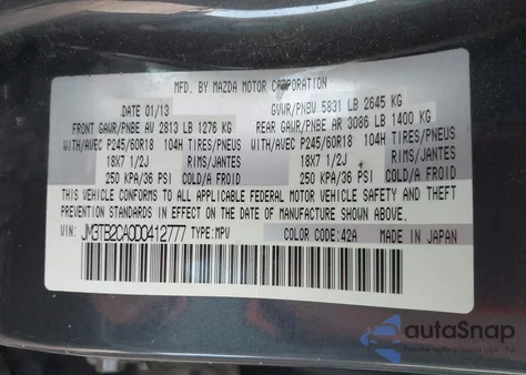 2013 Mazda Cx-9 Touring z USA, uszkodzony, nr VIN JM3TB2CA0D0412777